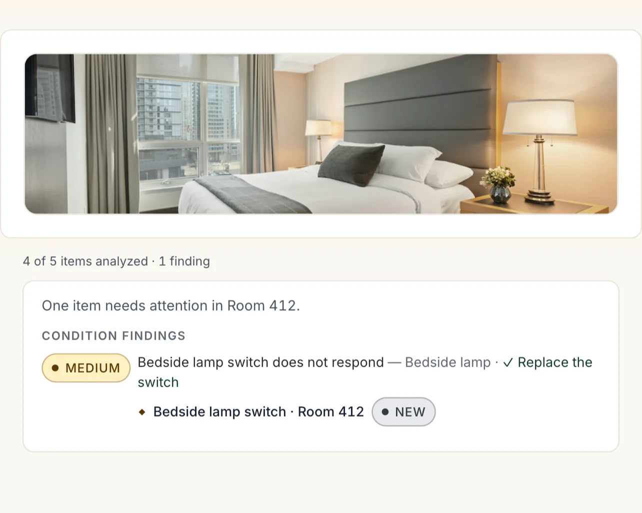 A guest-room capture from an inspection and, beneath it, the record it became: the finding 'Bedside lamp switch does not respond', the item, the recommended fix and the new record linked to Room 412.