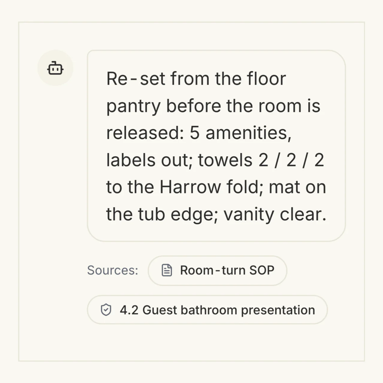 The Levee assistant's answer to a housekeeper in Room 412: the room-turn SOP's re-set steps for the Harrow bathroom set-up, with its two cited sources, the room-turn SOP and standard 4.2 Guest bathroom presentation.