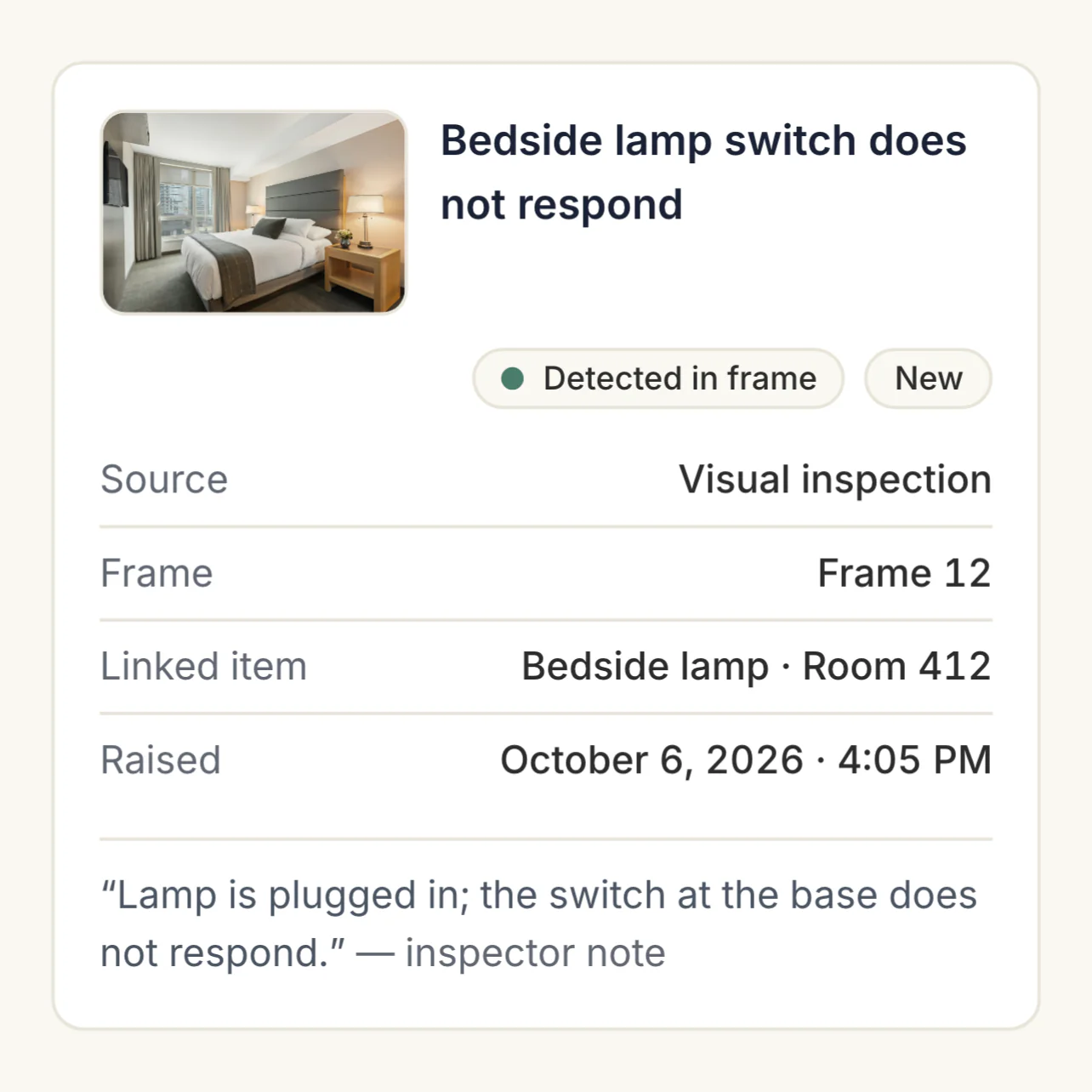 The condition record an owner sees for Room 412 at Harrow Lane Hotel: the bedside-lamp finding with its captured photo, the linked item, the time it was raised and the inspector's note, as the GM recorded it.